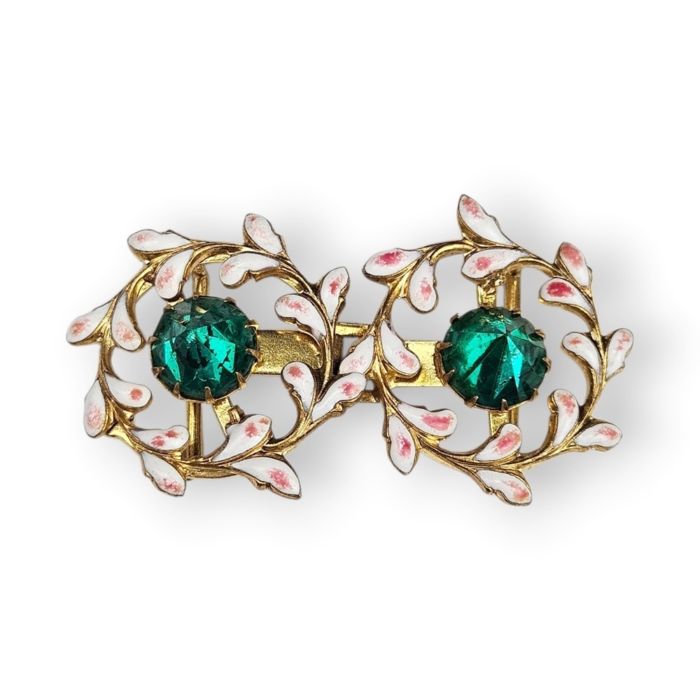 Art Deco Rhinestone Belt Buckle Floral Enamel Inverted Green Glass Vtg 1930s 40s